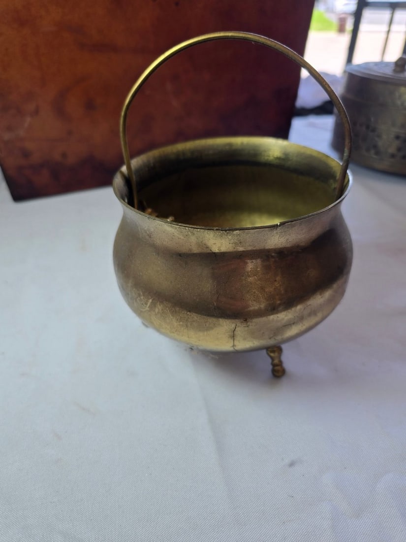 Collection of Decorative Collectibles: Tooled Leather Magazine Rack, Ice Skating Tin, Brass Pot, ... - 3