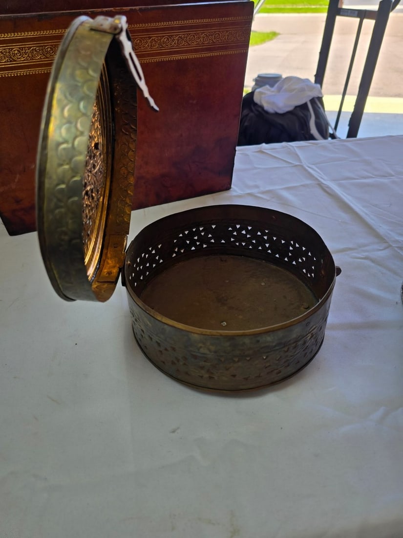 Collection of Decorative Collectibles: Tooled Leather Magazine Rack, Ice Skating Tin, Brass Pot, ... - 5