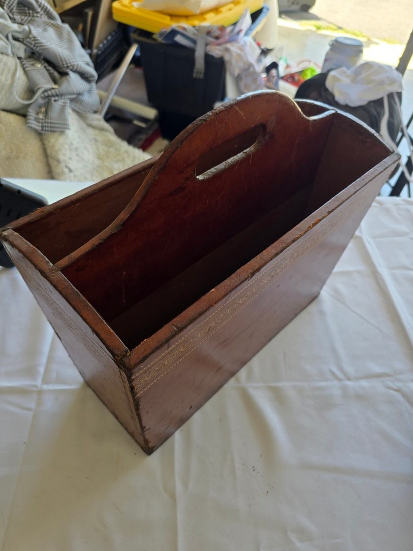 Collection of Decorative Collectibles: Tooled Leather Magazine Rack, Ice Skating Tin, Brass Pot, ... - 7