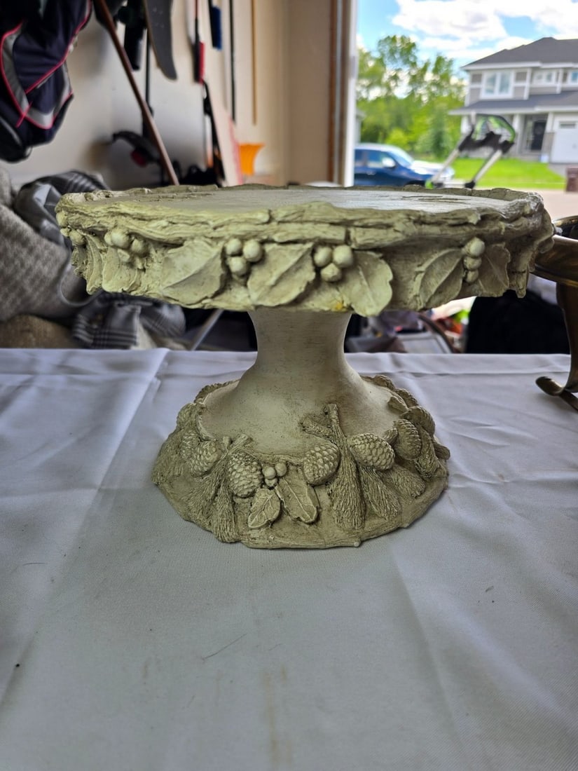 Collection of Decorative Items: Pedestal Cake Stand, Chafing Dish Warmer, Brass Urn, and Wooden F... - 3