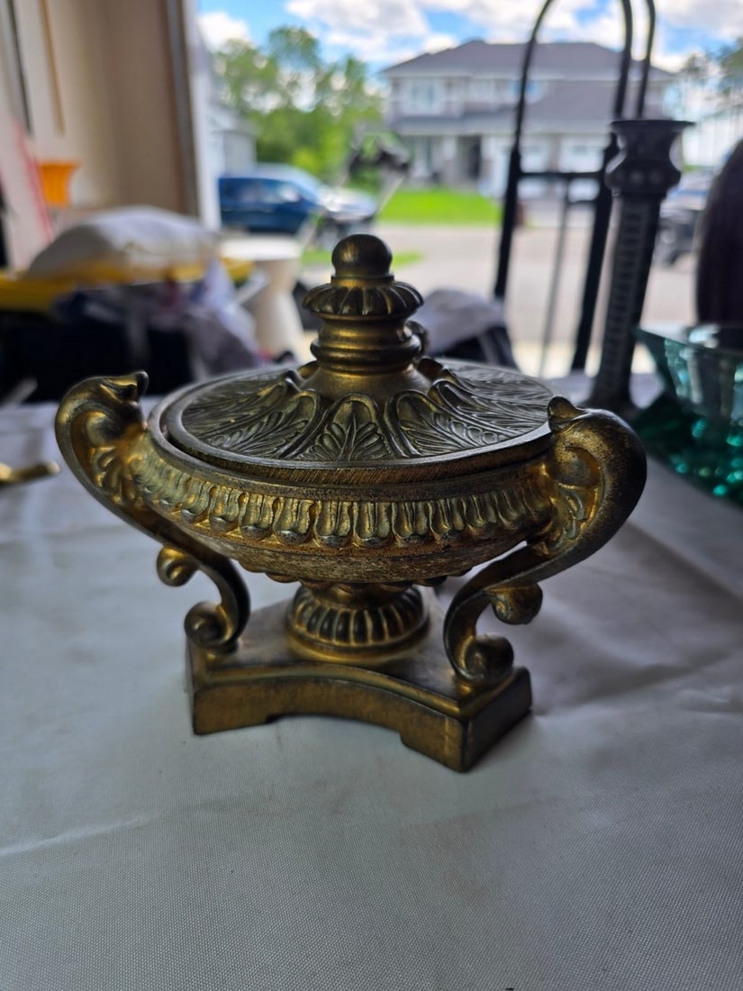 Collection of Decorative Items: Pedestal Cake Stand, Chafing Dish Warmer, Brass Urn, and Wooden F... - 4