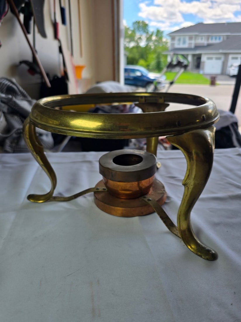 Collection of Decorative Items: Pedestal Cake Stand, Chafing Dish Warmer, Brass Urn, and Wooden F... - 5