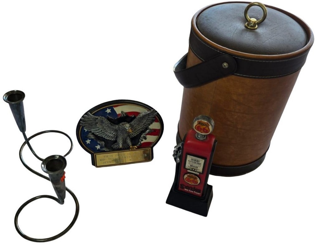 Collection of Decorative Items: Mid-Century Candlestick, Patriotic Eagle Plaque, Route 66 Gas Pum...: Collection of Decorative Items: Mid-Century Candlestick, Patriotic Eagle Plaque, Route 66 Gas Pump Replica, and Faux Wood Ice Bucket. This lot features a diverse collection of decorative items. The fi