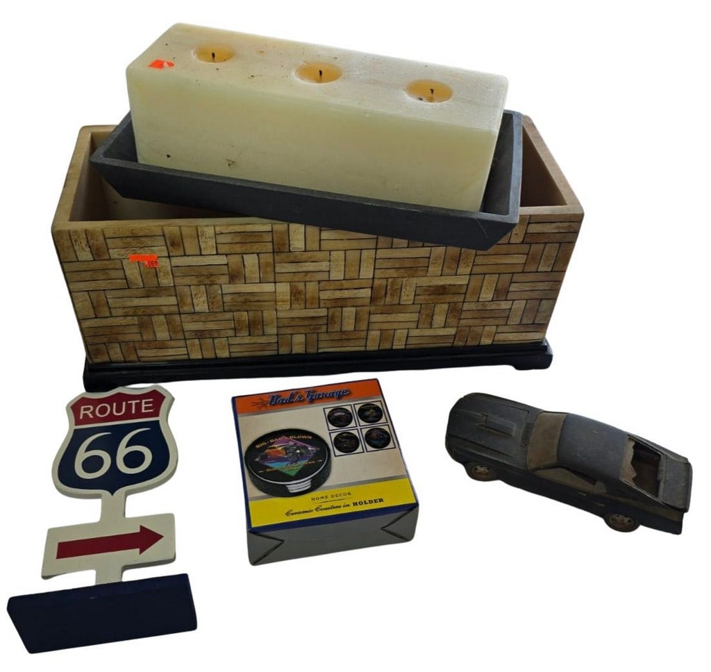 Assorted Collectibles: Route 66 Sign, Dad's Garage Coasters, and Die-Cast Car: This lot features a collection of decorative and collectible items, perfect for a themed display. Included is a charming wooden Route 66 sign with a directional arrow, a 'Dad's Garage' branded set of
