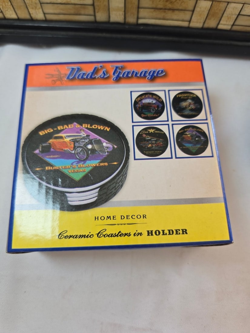 Assorted Collectibles: Route 66 Sign, Dad's Garage Coasters, and Die-Cast Car - 3