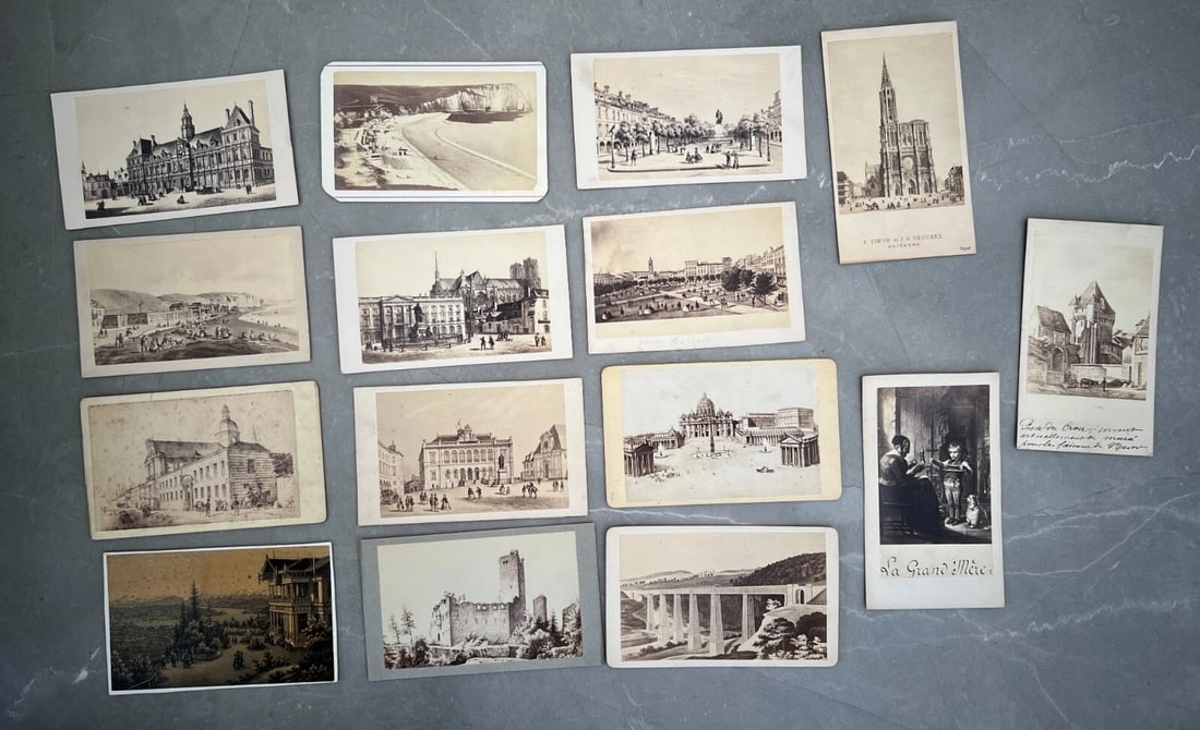 Antique Architectural Photo Cards Set - Historical Buildings, Landscapes: Title: Antique Architectural Photo Cards Set - Historical Buildings, Landscapes Description: This set of 15 antique photo cards features a rich collection of architectural and scenic views from the 19