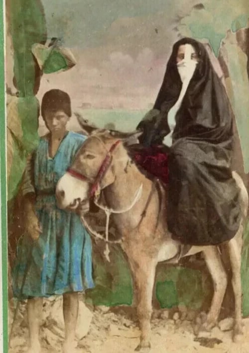 Orientalist Woman on Donkey & Young Boy – North Africa 1870 CDV Photo: Title: Orientalist Woman on Donkey & Young Boy – North Africa 1870 CDV Photo Description: Unusual Orientalist CDV showing a veiled woman riding a donkey with a young boy at her side. Excellent n