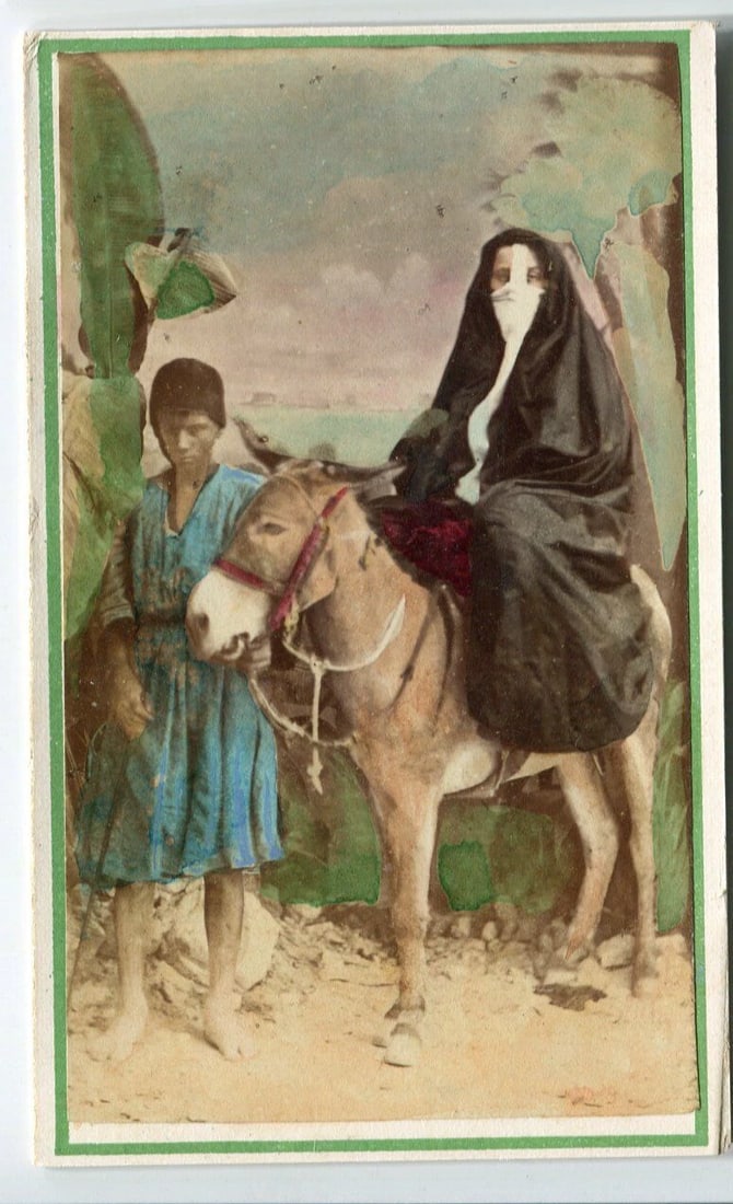 Orientalist Woman on Donkey & Young Boy – North Africa 1870 CDV Photo - 2