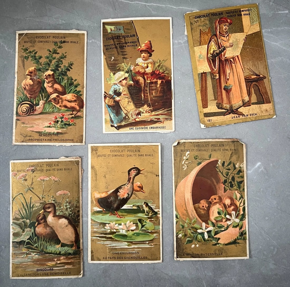 Set of 6 Vintage Chocolat Poulain Trade Cards Charming French Ephemera (1 of 2)