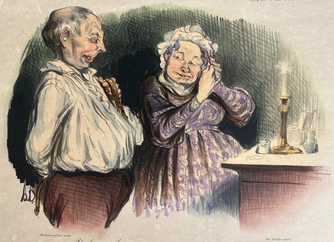 Antique Print 19th century Caricature Daumier, Voulez-vous bien vous taire: Title: Antique Print 19th century Caricature Daumier, Voulez-vous bien vous taire Description: 27 x 36 cm stains, folds Reserve: $70.00 Shipping: Domestic: Flat-rate of $20.00 to anywhere within the