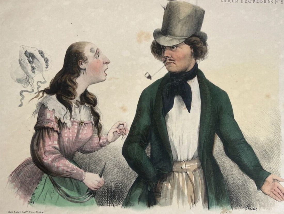 Antique Print 19th century Caricature, Homme, Mademoiselle Fifine tu t'insurges: Title: Antique Print 19th century Caricature, Homme, Mademoiselle Fifine tu t'insurges Description: 27 x 36 cm stains, folds Reserve: $70.00 Shipping: Domestic: Flat-rate of $20.00 to anywhere within