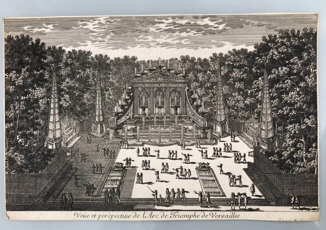 Antique Original Etching Arc de Triomphe, Versailles, Garden, Architecture - 5