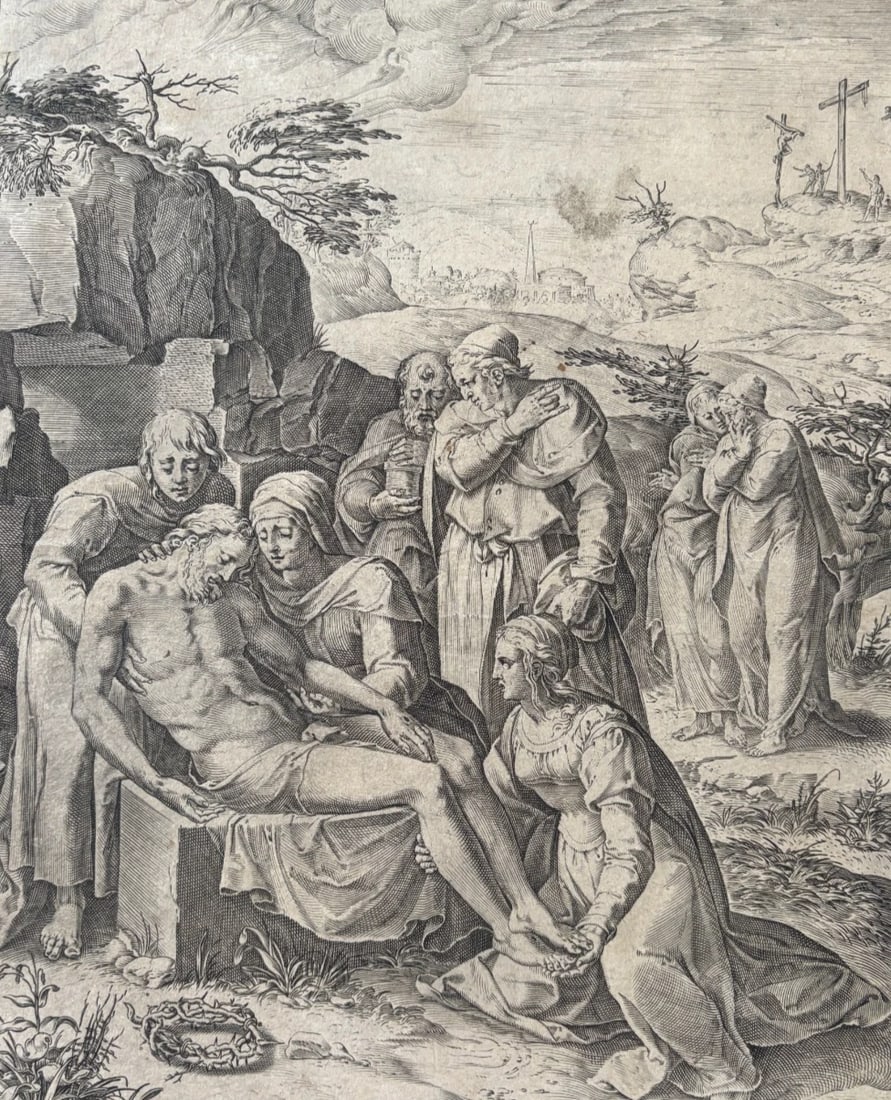 Antique Etching Cornelis CORT (1533-1578) Entombment of Christ, Religious Scene (1 of 8)
