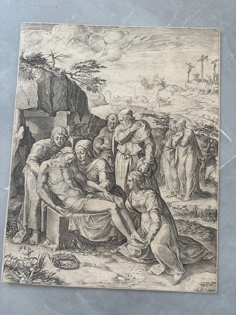 Antique Etching Cornelis CORT (1533-1578) Entombment of Christ, Religious Scene - 7