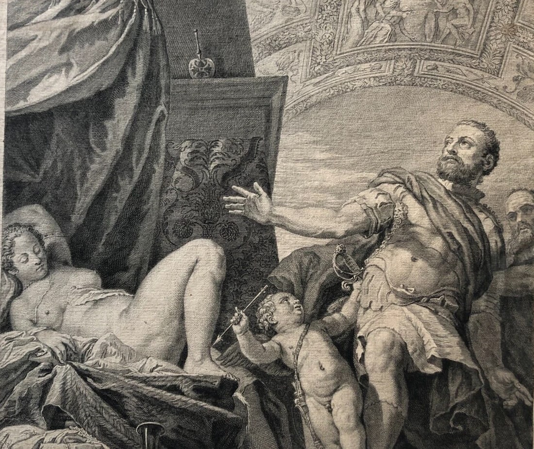 Louis DESPLACES (1682-1739) Respect, Cupid and Woman Etching Antique Original: Title: Louis DESPLACES (1682-1739) Respect, Cupid and Woman Etching Antique Original Description: Engraving on paper 34 x 33 cm stains, folds A man tempted by Cupid to rape a sleeping woman renounces
