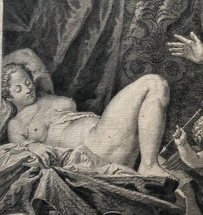 Louis DESPLACES (1682-1739) Respect, Cupid and Woman Etching Antique Original - 2