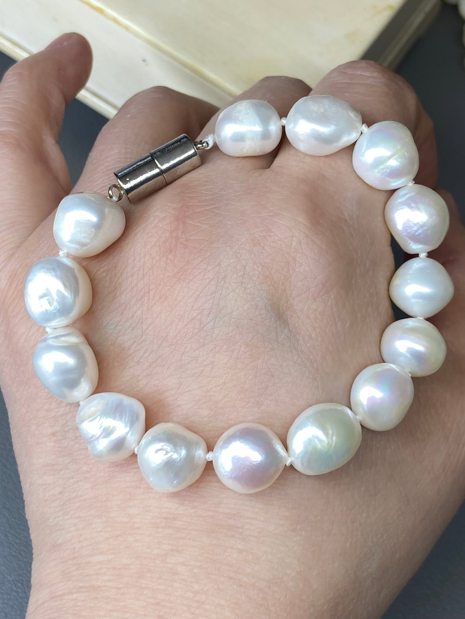 12mm South Sea Large Natural White Iridescent Baroque Pearl Bracelet - 2