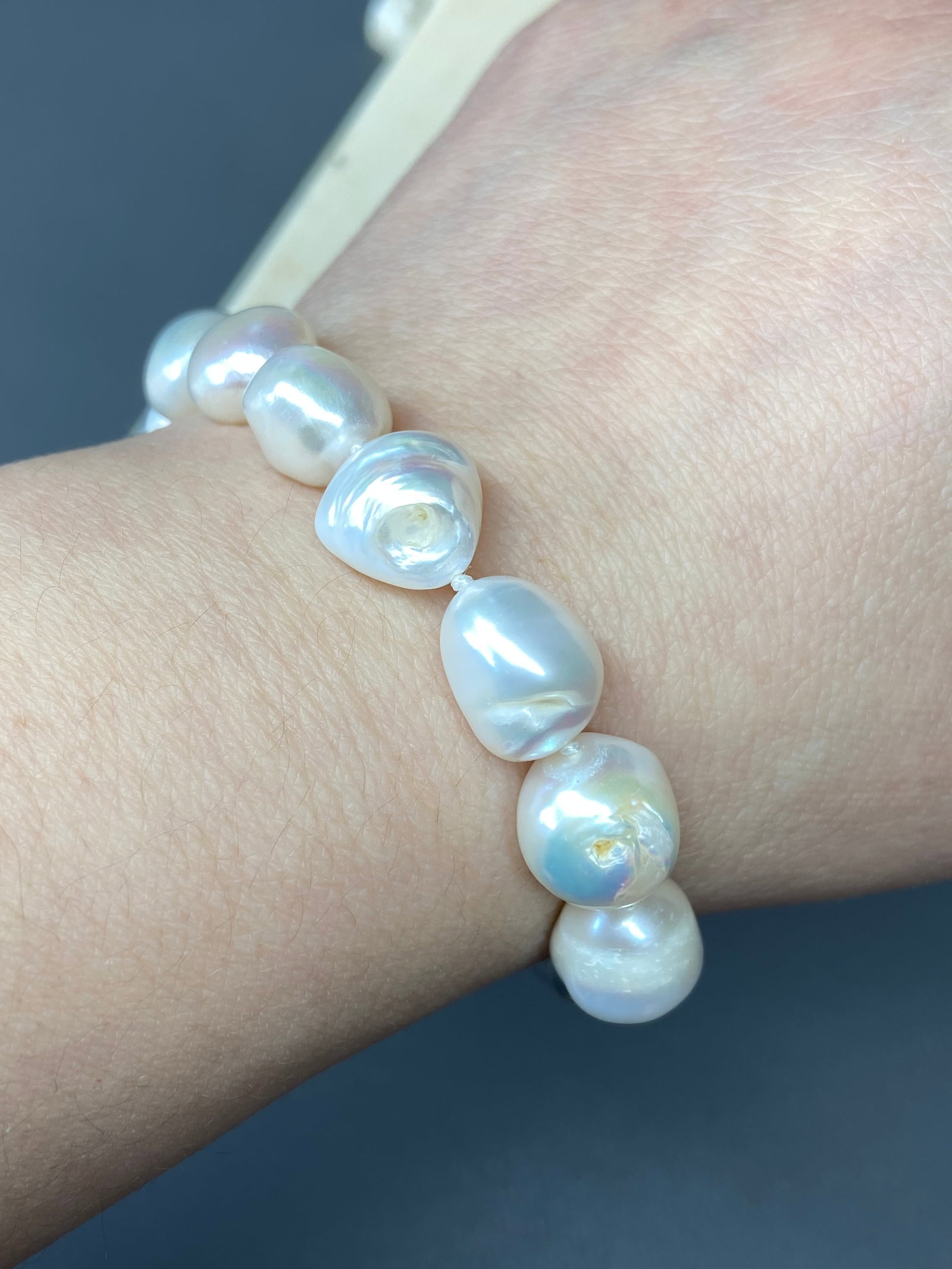 12mm South Sea Large Natural White Iridescent Baroque Pearl Bracelet - 6