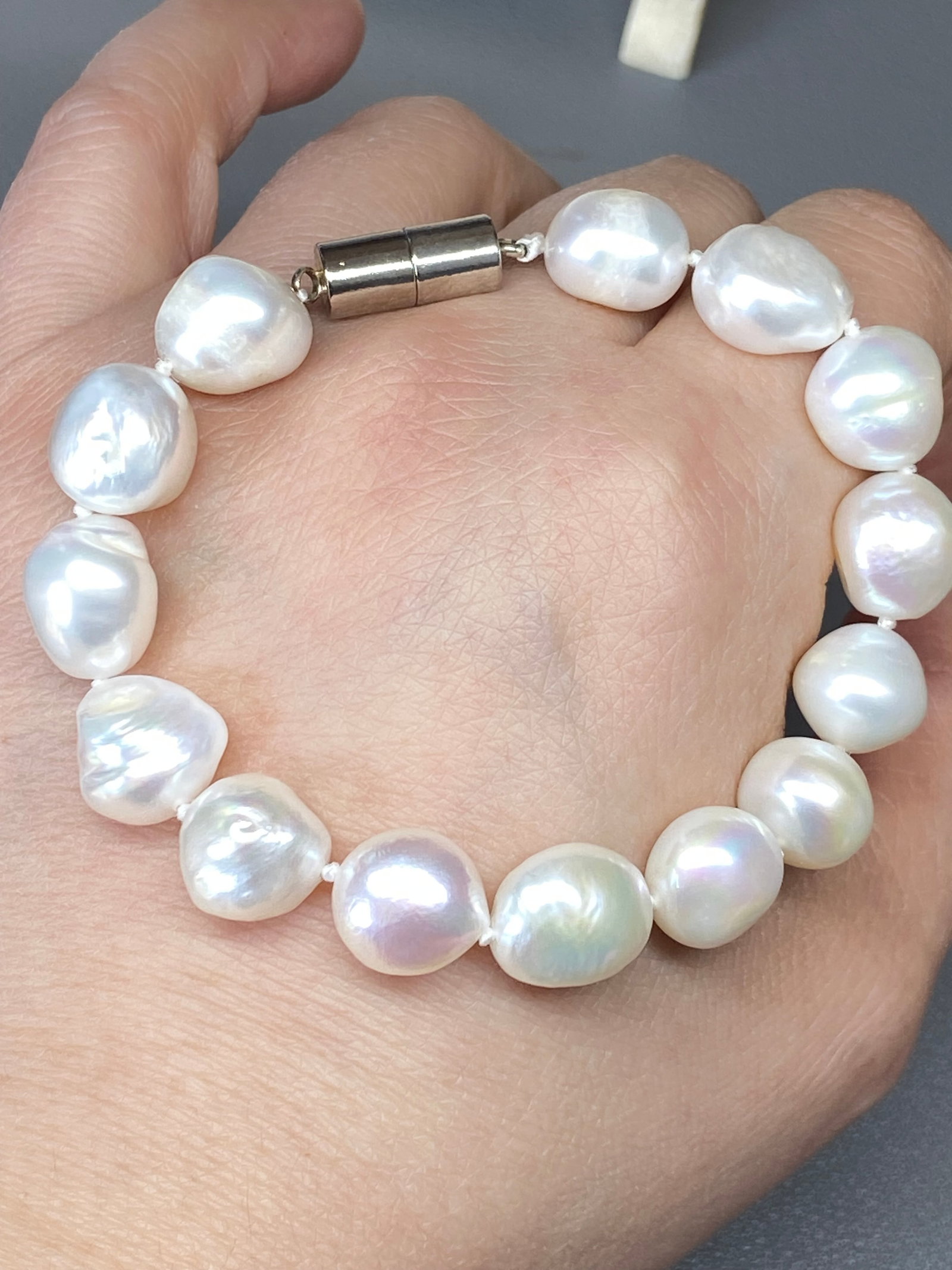 12mm South Sea Large Natural White Iridescent Baroque Pearl Bracelet - 8