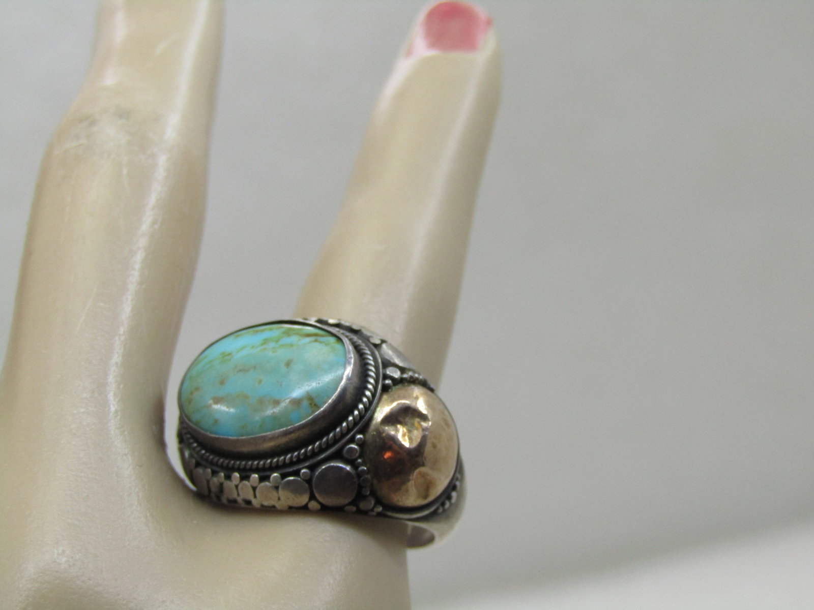Vintage Sterling and 22kt Southwestern Turquoise Ring, Sz. 6 - 10