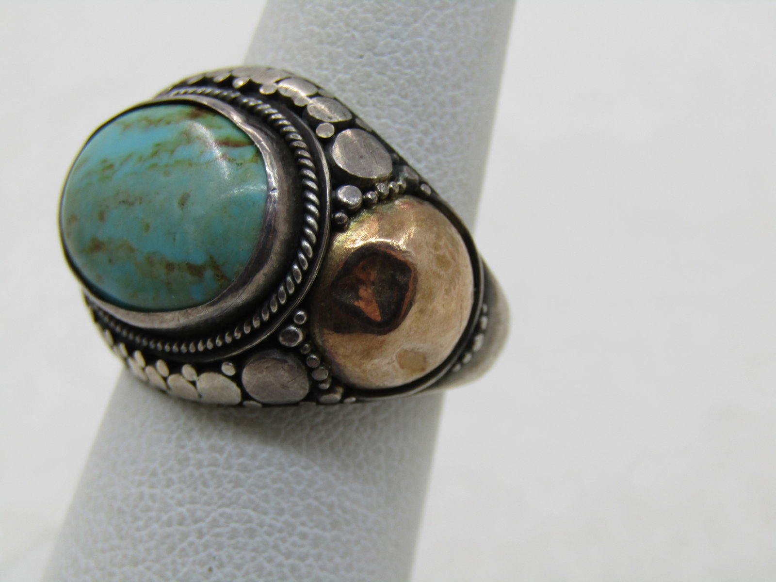 Vintage Sterling and 22kt Southwestern Turquoise Ring, Sz. 6 - 3