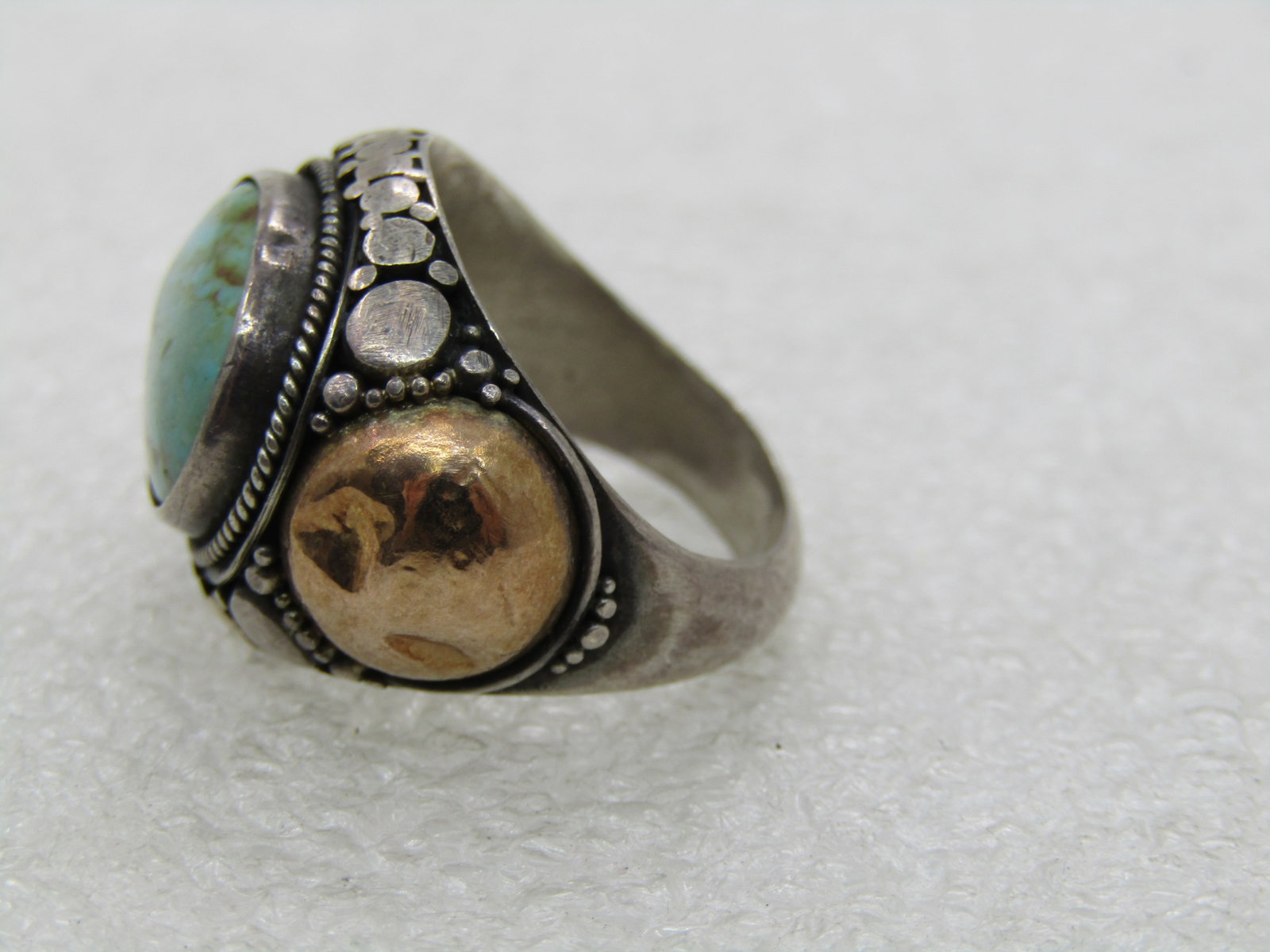 Vintage Sterling and 22kt Southwestern Turquoise Ring, Sz. 6 - 5