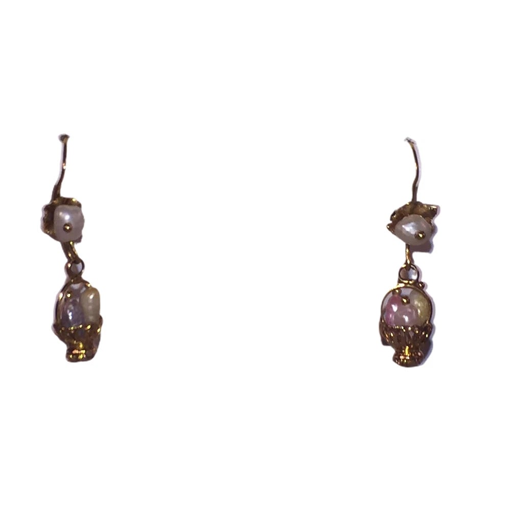 Mexican Mestizo Filigree 8 Kt Gold Freshwater Pearl Basket Earrings - 3