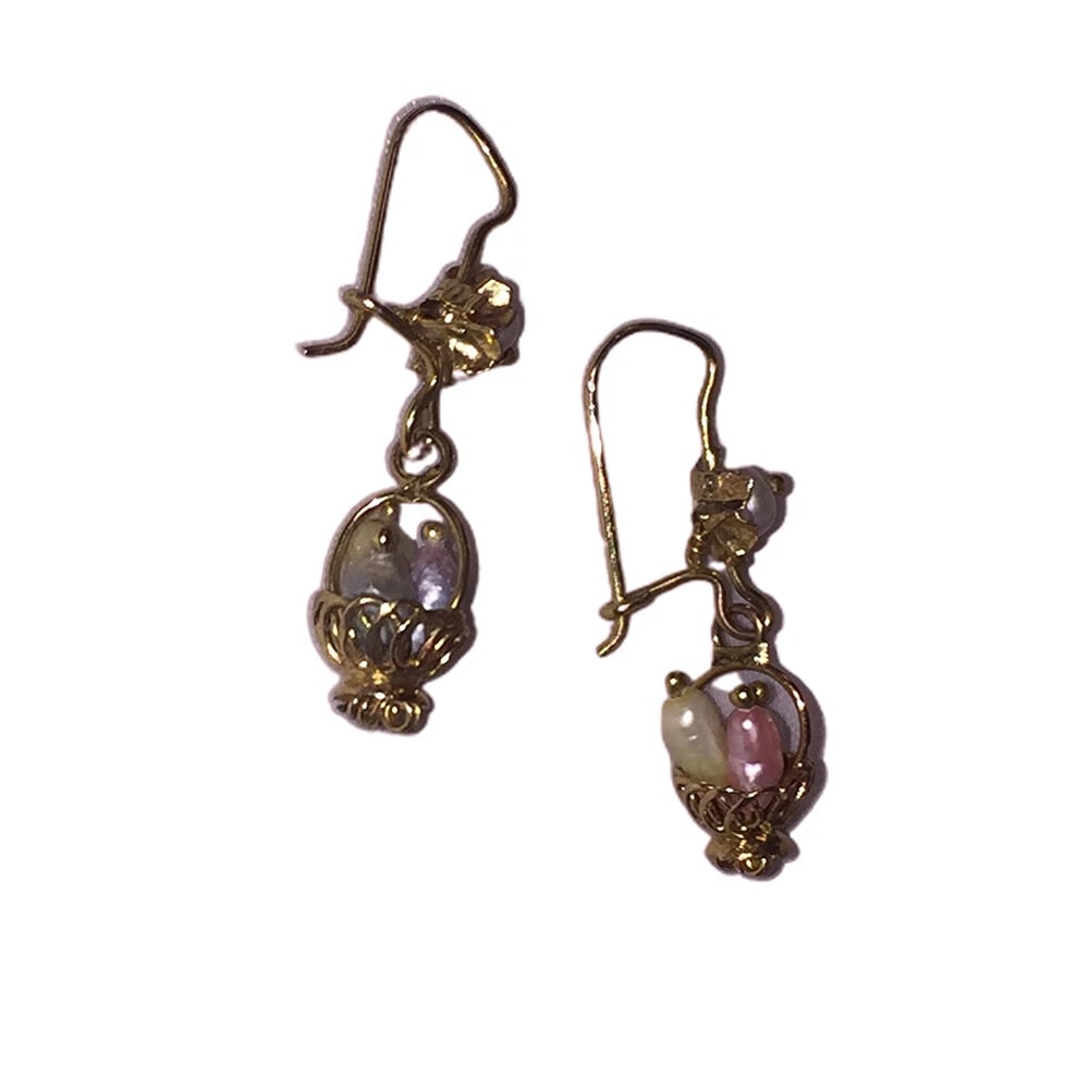 Mexican Mestizo Filigree 8 Kt Gold Freshwater Pearl Basket Earrings - 4