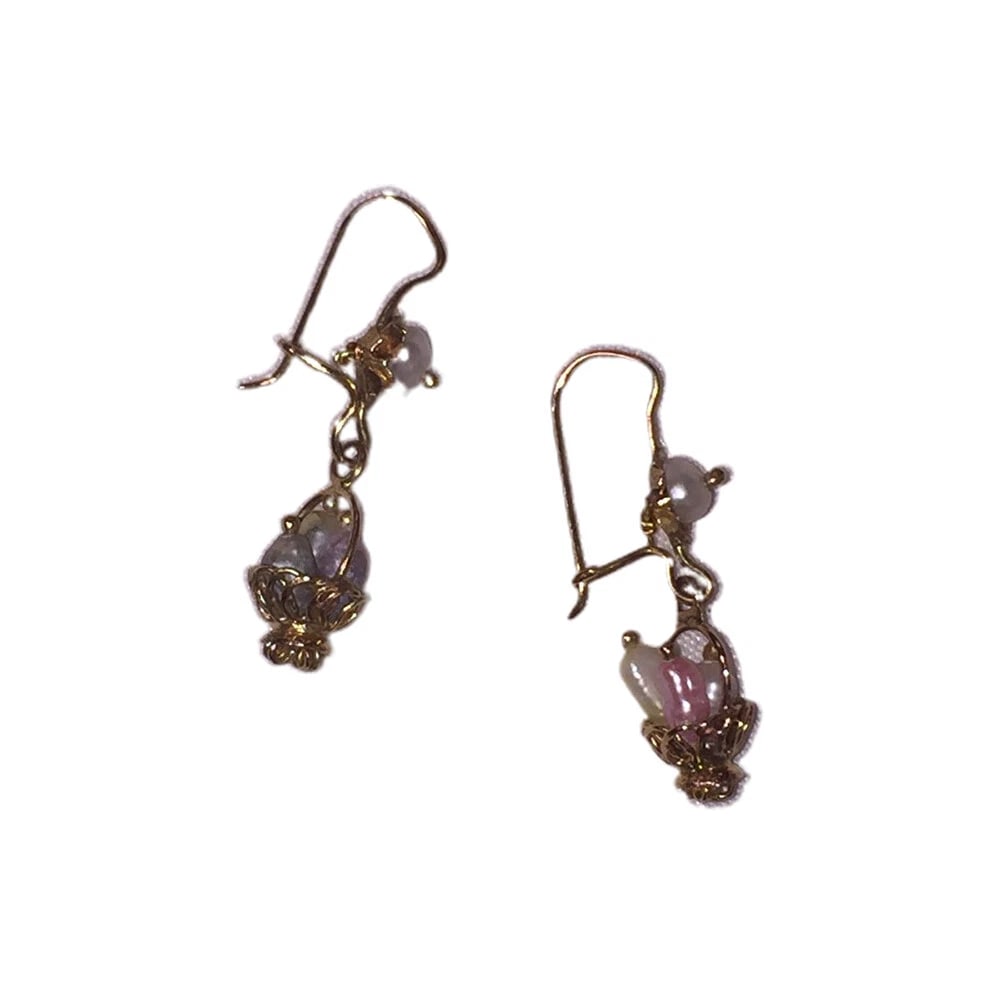 Mexican Mestizo Filigree 8 Kt Gold Freshwater Pearl Basket Earrings - 5