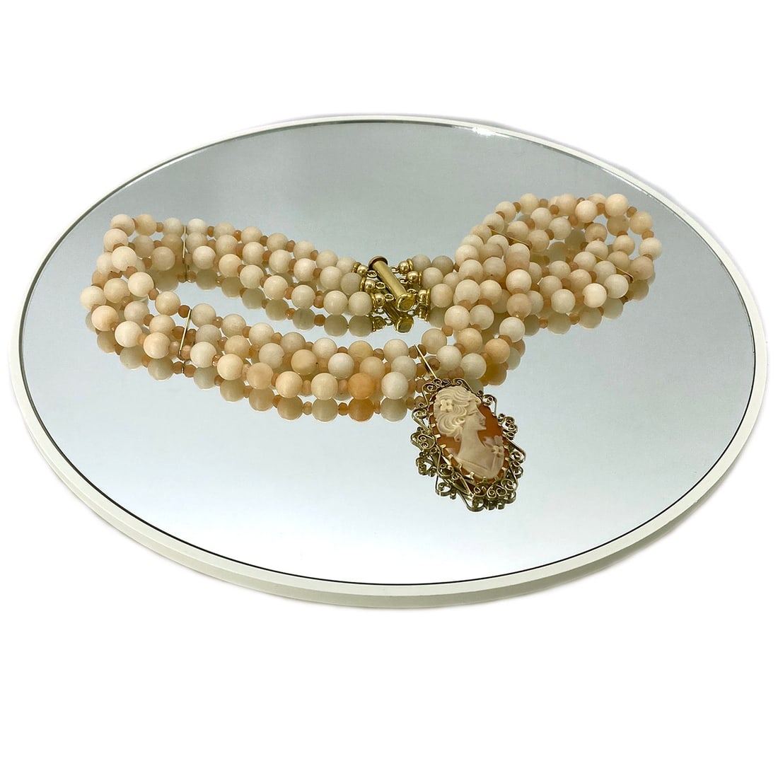 14K Gold Filled Choker with Vintage Cameo Pendant: Title: 14K Gold Filled Choker with Vintage Cameo Pendant Description: This choker we created with three strands of light orange color natural nephrite beads, faceted peach color moonstones as spacers 