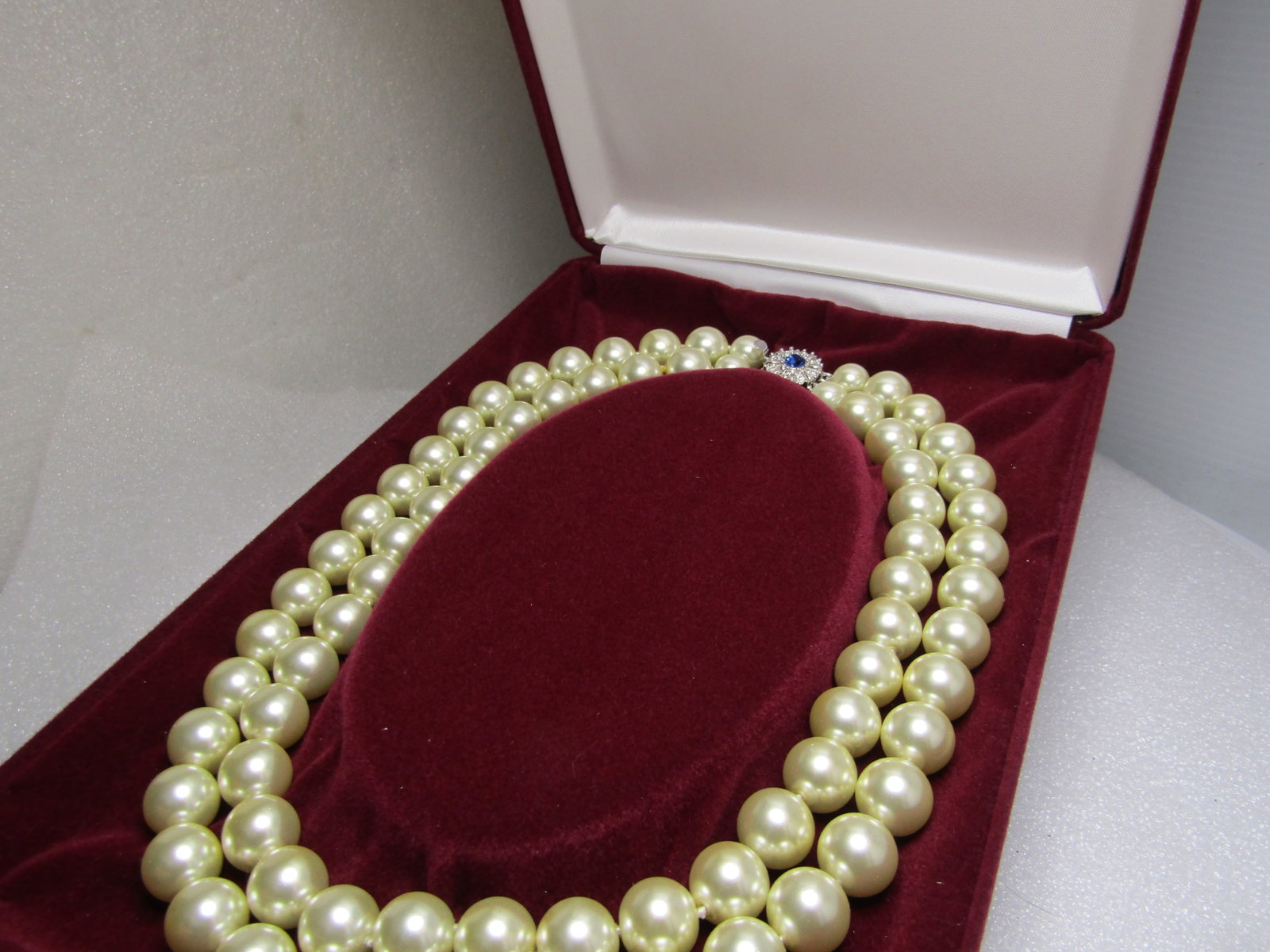 JBK Camrose and Kross Pearl Necklace, Double Strand, Rhinestone Box Clasp, 1980's, 18" - 2