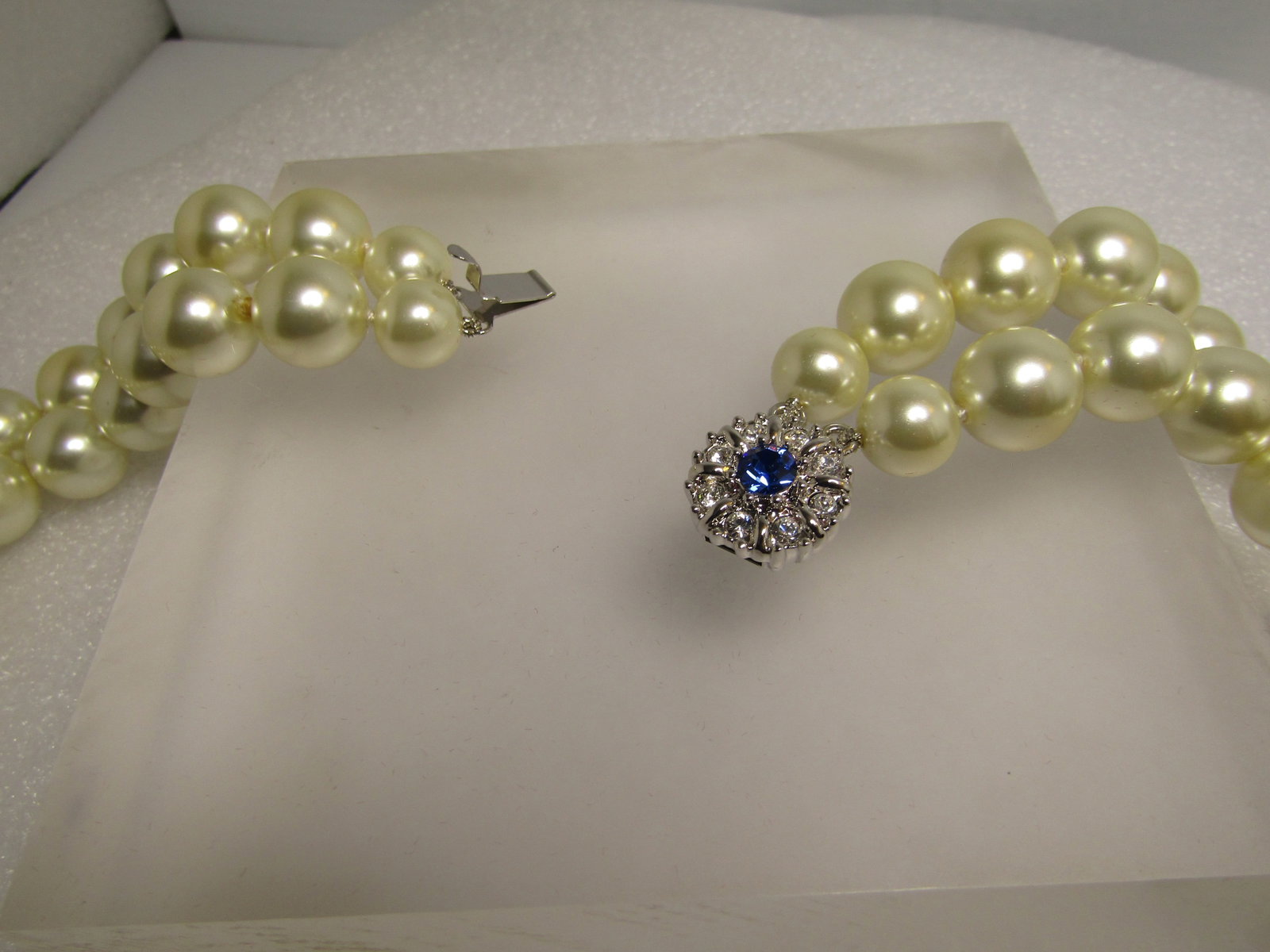 JBK Camrose and Kross Pearl Necklace, Double Strand, Rhinestone Box Clasp, 1980's, 18" - 3