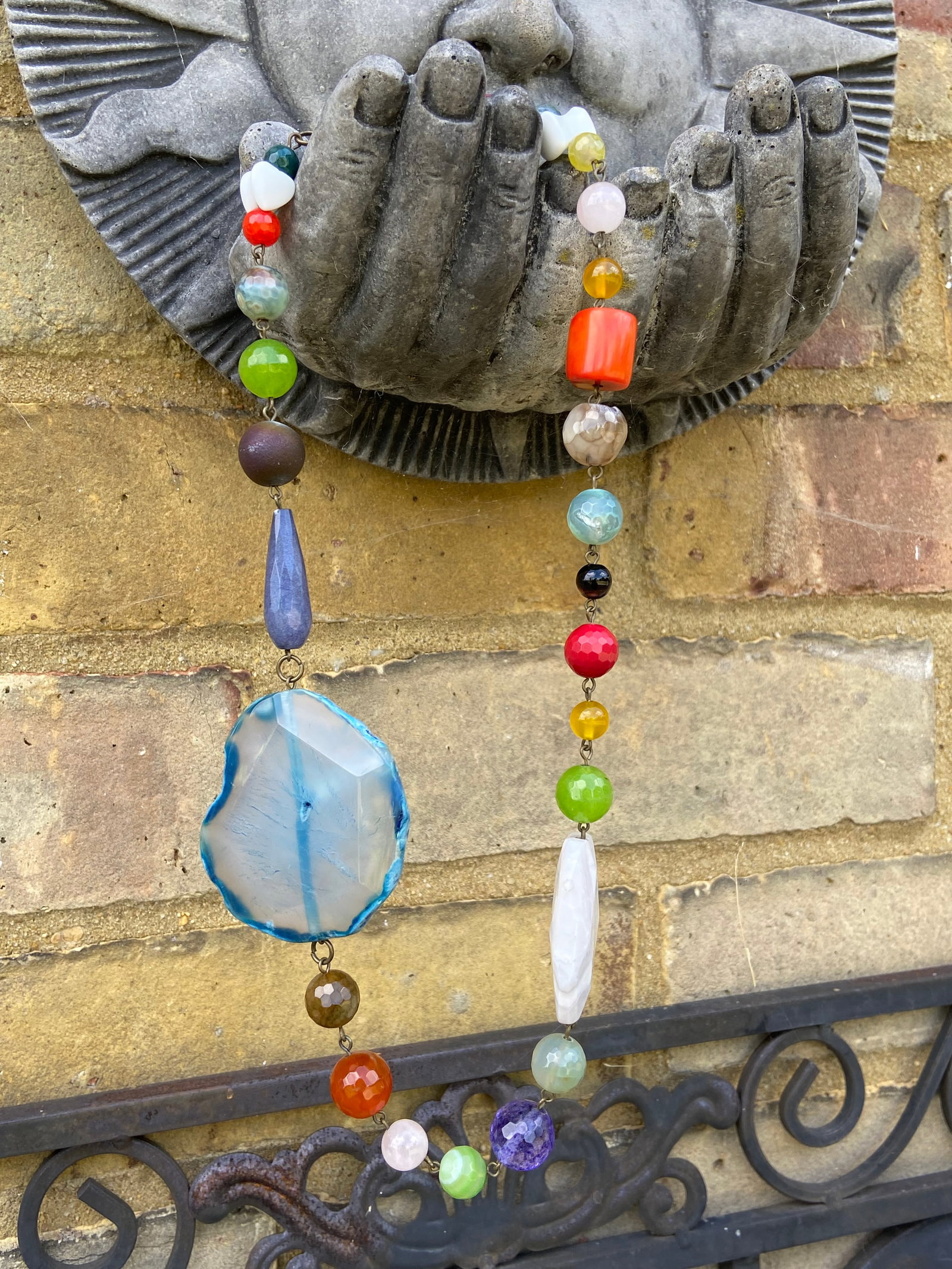 Vintage Chunky Multi-Gemstone Necklace with Large Agate Pendant - 2
