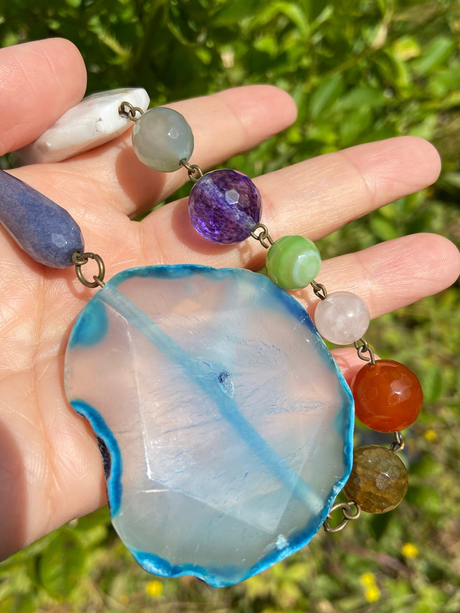 Vintage Chunky Multi-Gemstone Necklace with Large Agate Pendant - 7
