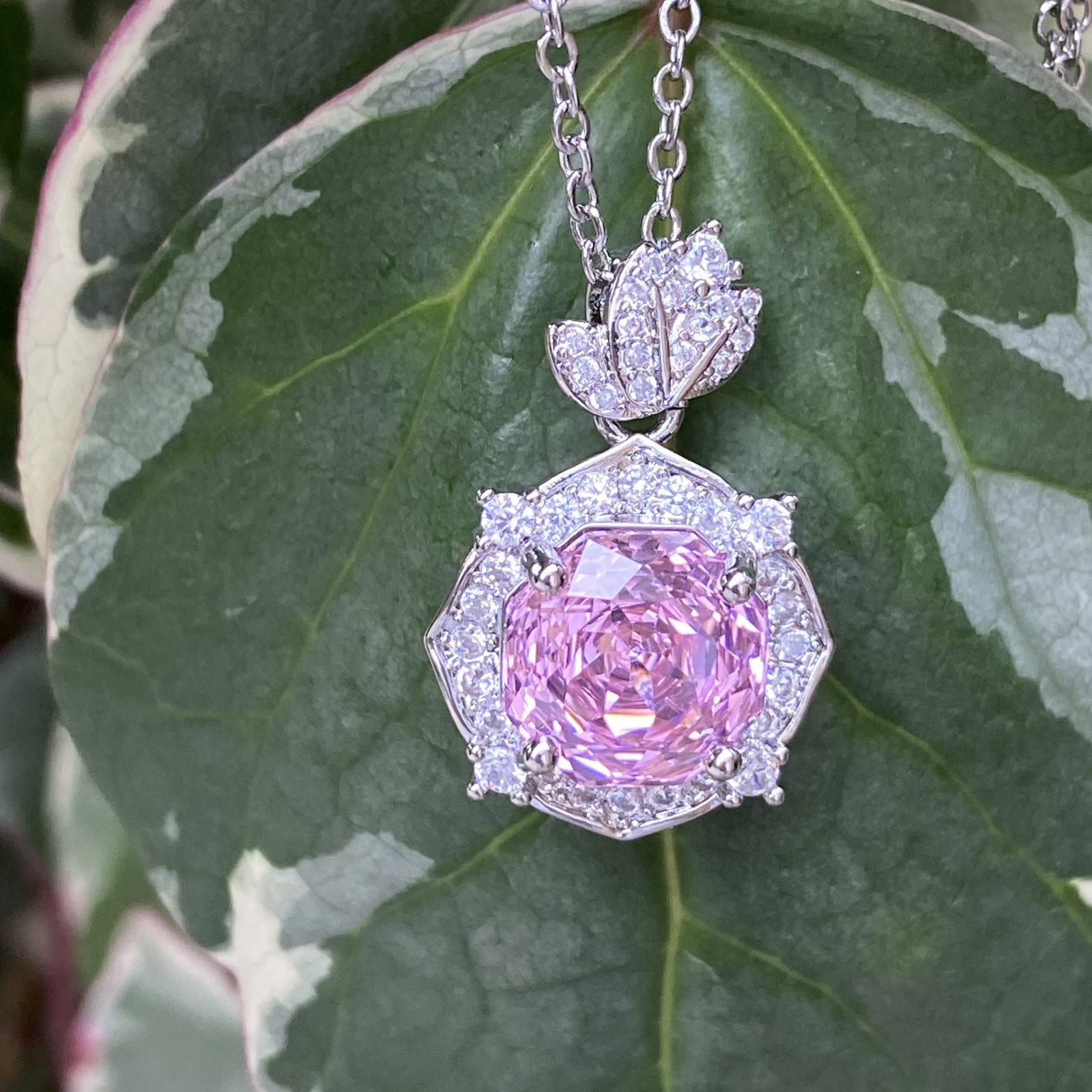 18K White Gold Plated Radiant-Cut Pink Sapphire and Moissanite Halo Pendant Necklace - 10