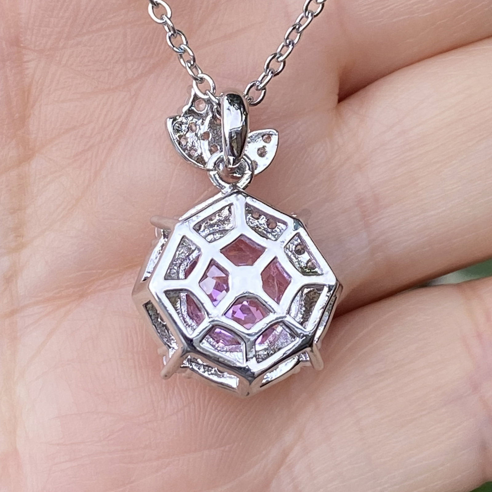 18K White Gold Plated Radiant-Cut Pink Sapphire and Moissanite Halo Pendant Necklace - 11