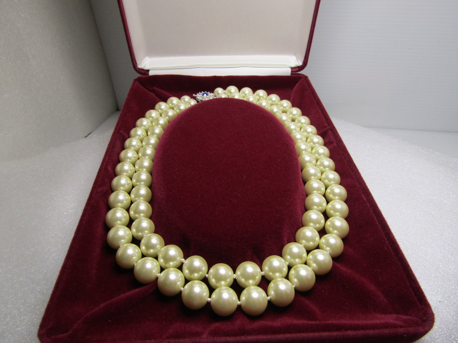 JBK Camrose and Kross Pearl Necklace, Double Strand, Rhinestone Box Clasp, 1980's, 18" (1 of 8)