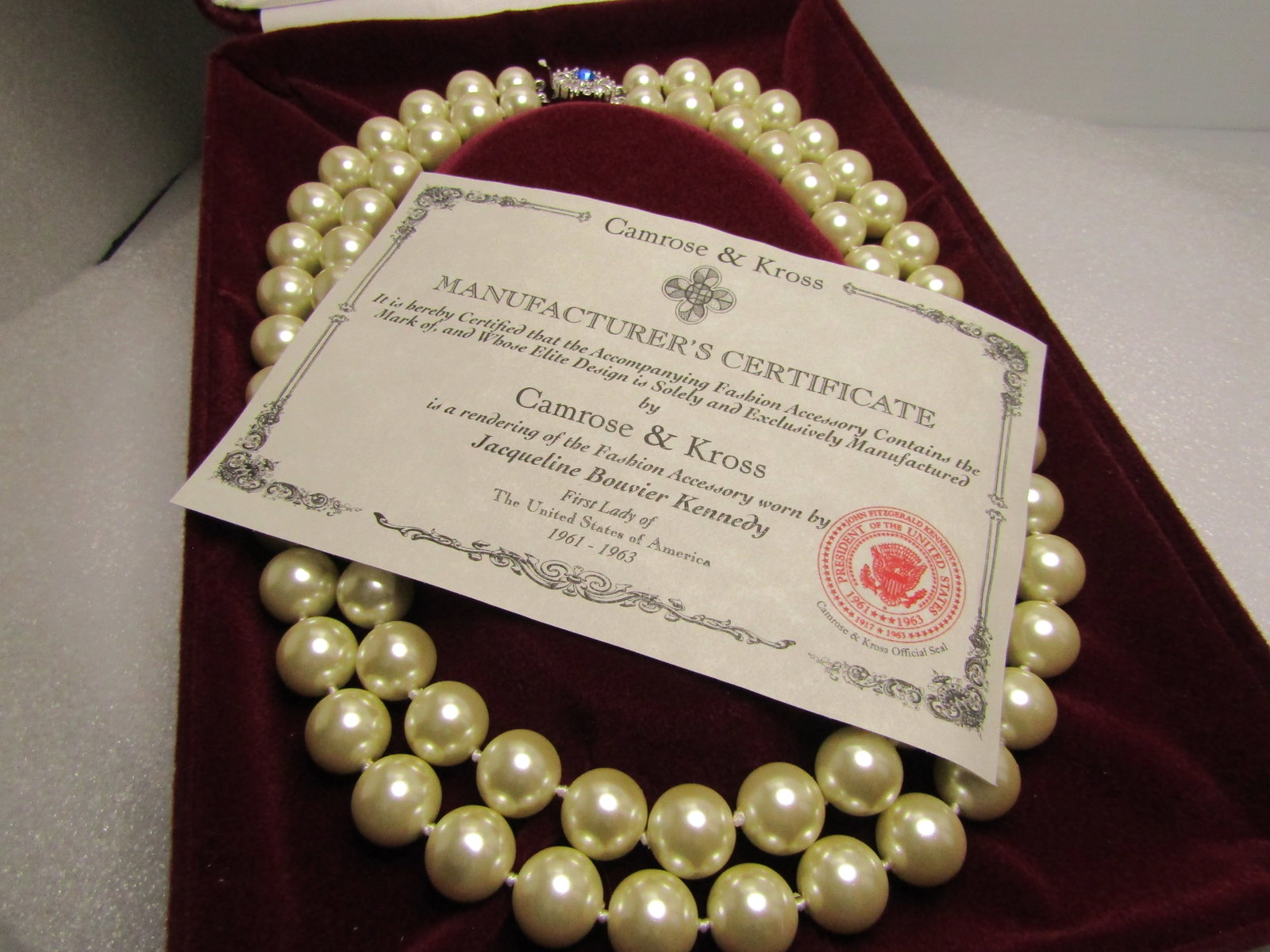 JBK Camrose and Kross Pearl Necklace, Double Strand, Rhinestone Box Clasp, 1980's, 18" - 6
