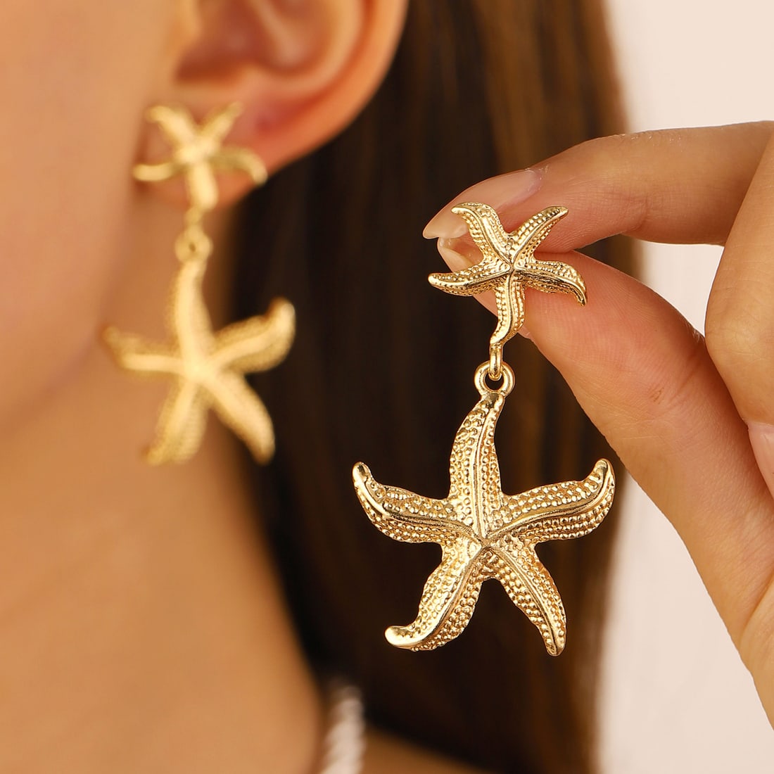 Gold Plated Steel Starfish style statement earring dangle earrings - 2