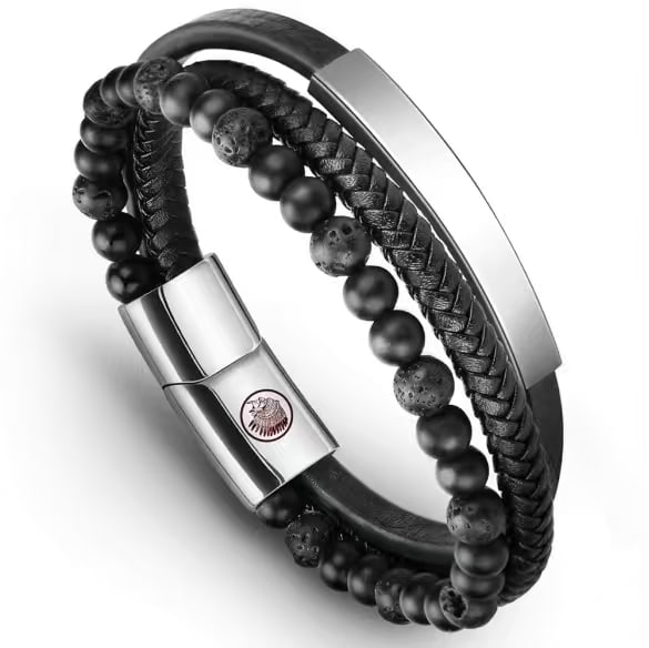 Handmade lava beads and leather braided bracelet: Title: Handmade lava beads and leather braided bracelet Description:Handmade lava beads and leather braided bracelet Date/Period: Contemporary (21st Century) Materials:Material: Genuine black