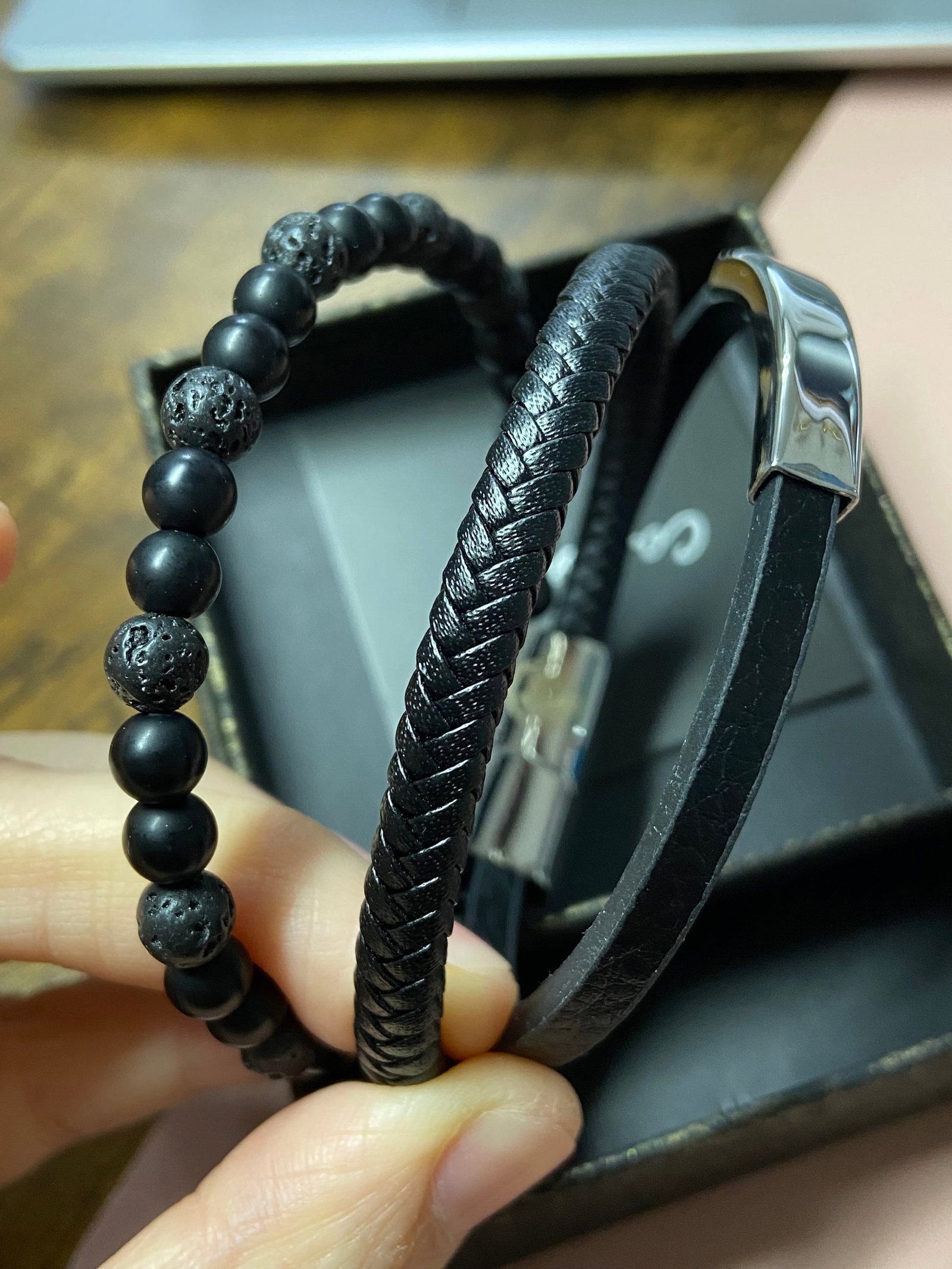 Handmade lava beads and leather braided bracelet - 3