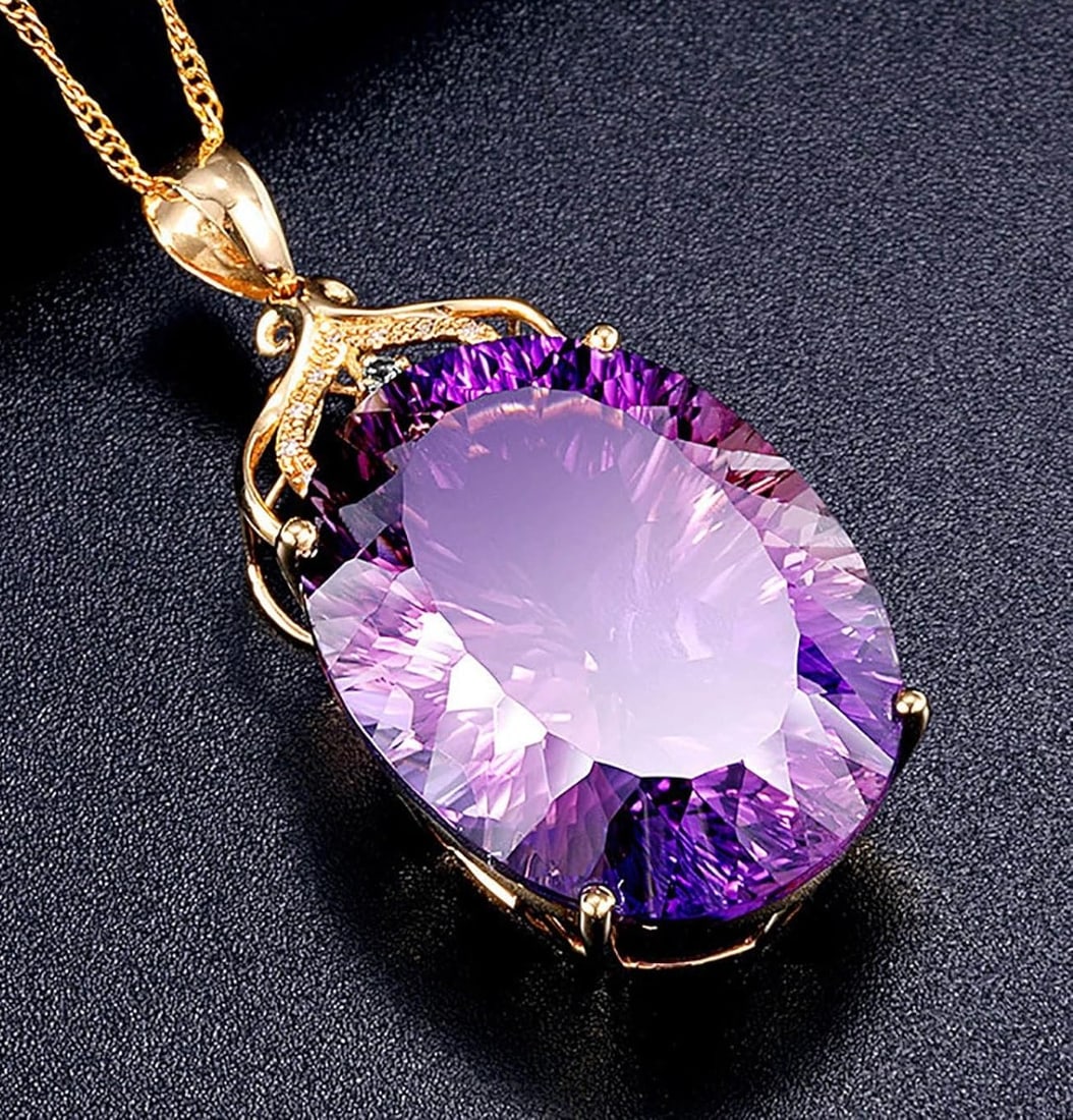 18k Rose Gold plated Gemstone Amethyst inlaid Moissanite Pendant Necklace: Title: 18k Rose Gold plated Gemstone Amethyst inlaid Moissanite Pendant Necklace Description:Adorned with radiant Amethyst and lab created moissanite-Diamond-like stones, this set exudes a
