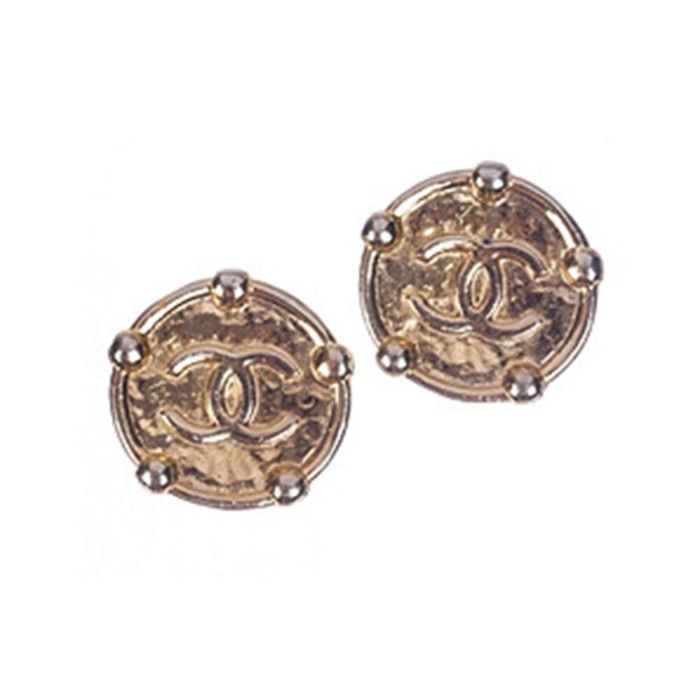 Chanel Monogram Button Earrings: Title:Chanel Monogram Button Earrings Description:Chanel 18K gold-plated monogram clip back earrings. Each earring, 1.5"Dia. Signed on the back of each earring, "Chanel, 2 CC 5, Made in France."