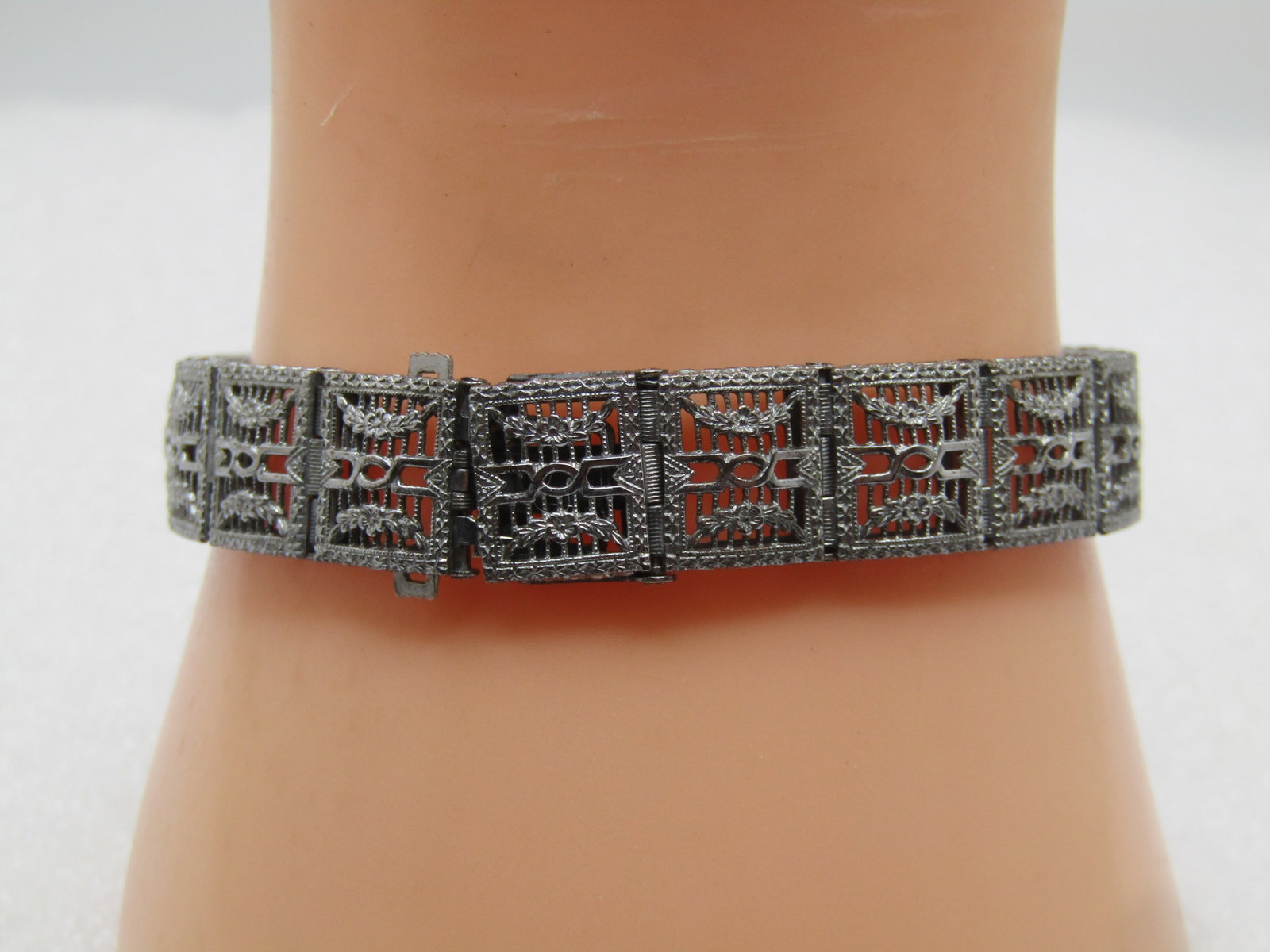 Vintage Sterling Art Deco Bracelet, 7" Blue Glass Stones, 1930'S (1 of 9)