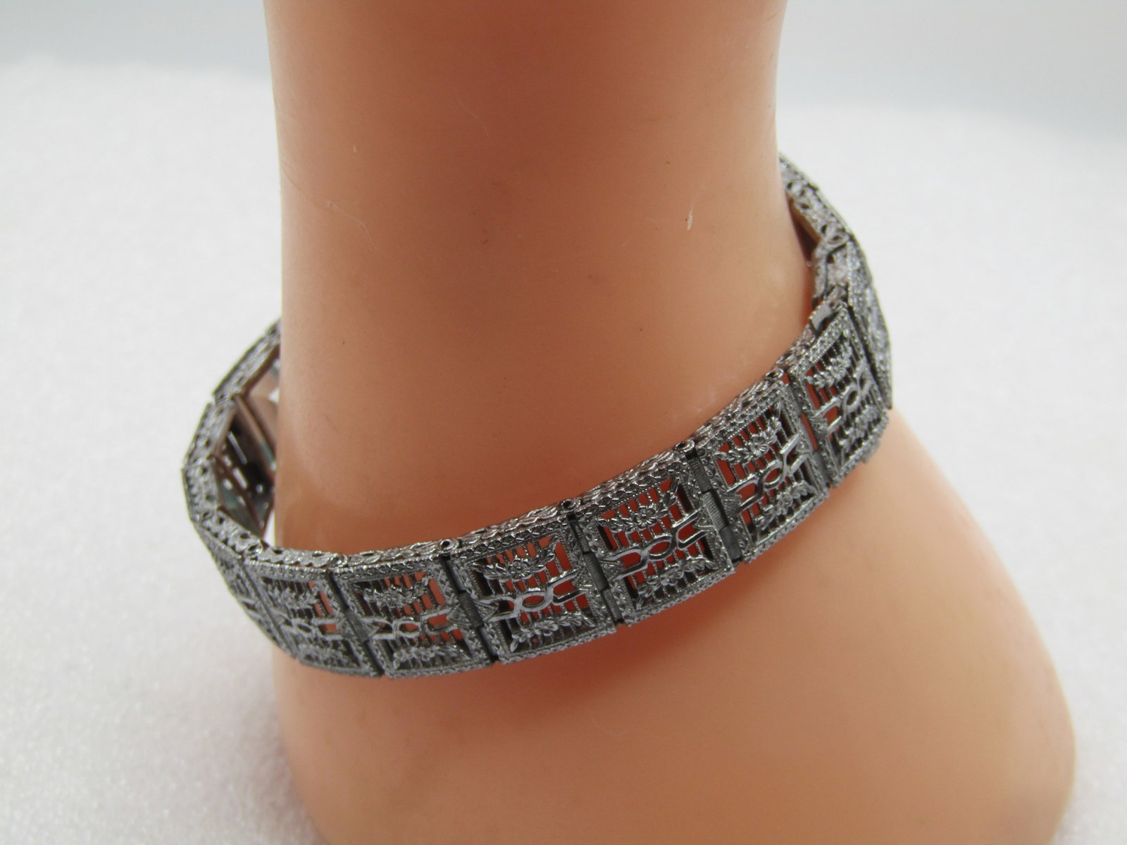Vintage Sterling Art Deco Bracelet, 7" Blue Glass Stones, 1930'S - 2