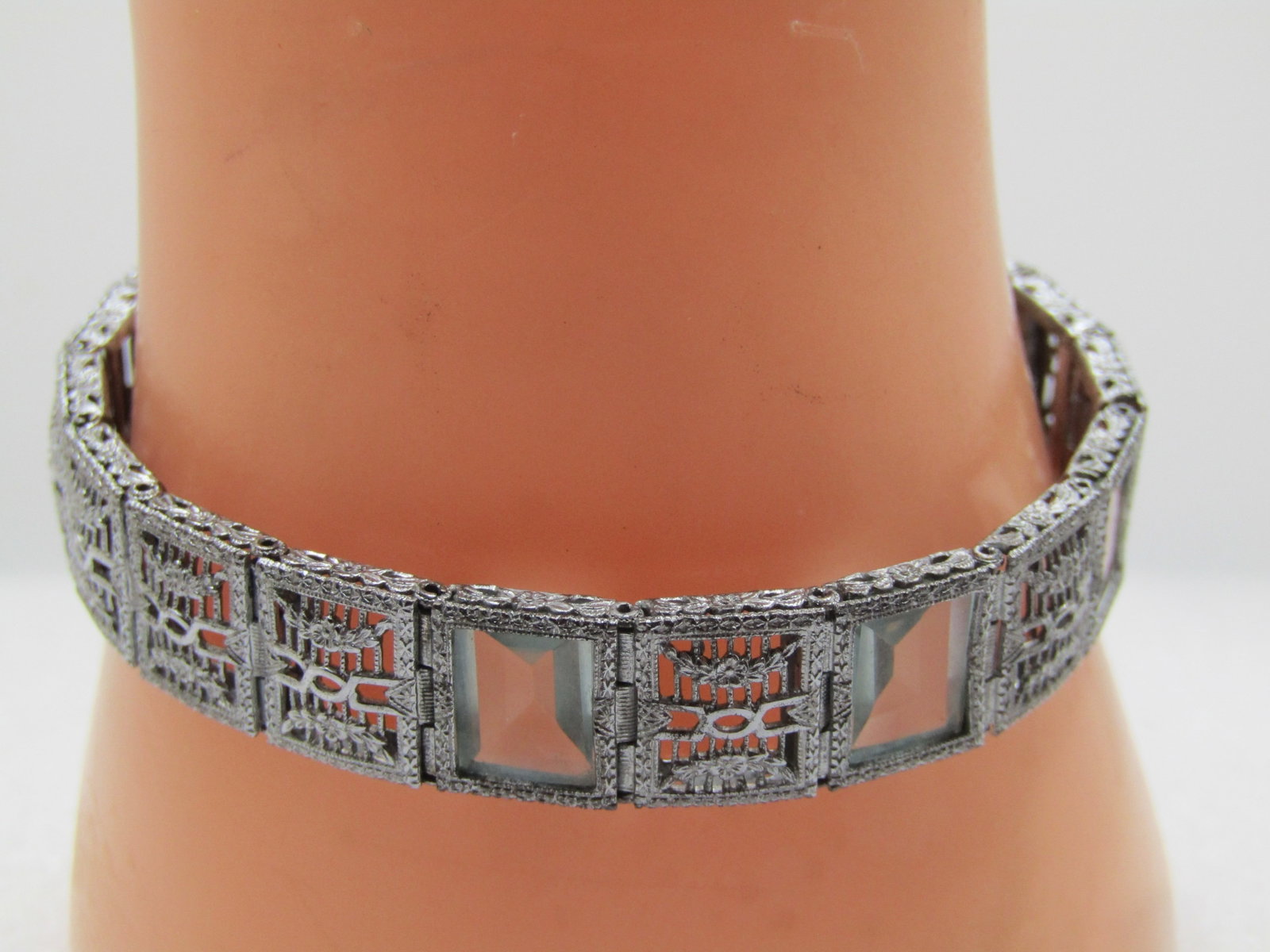 Vintage Sterling Art Deco Bracelet, 7" Blue Glass Stones, 1930'S - 3