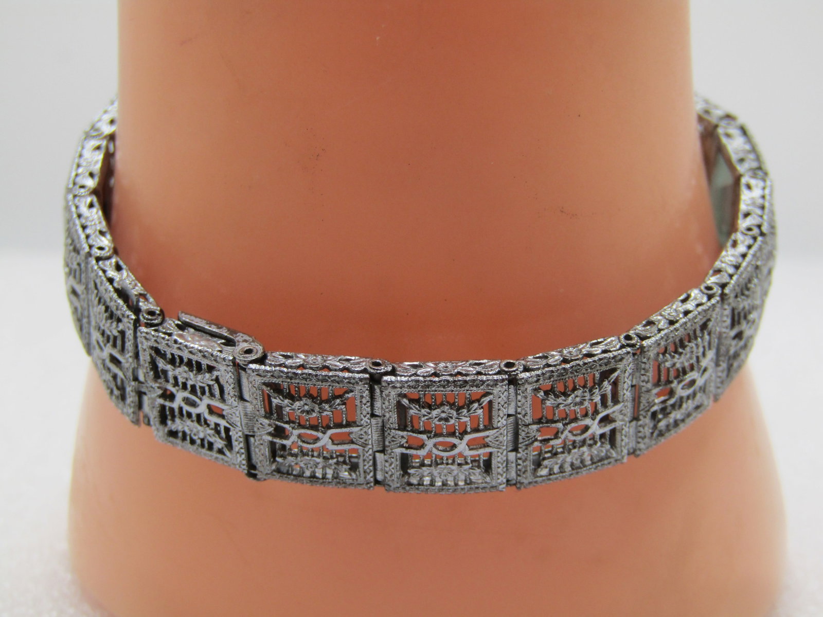 Vintage Sterling Art Deco Bracelet, 7" Blue Glass Stones, 1930'S - 4