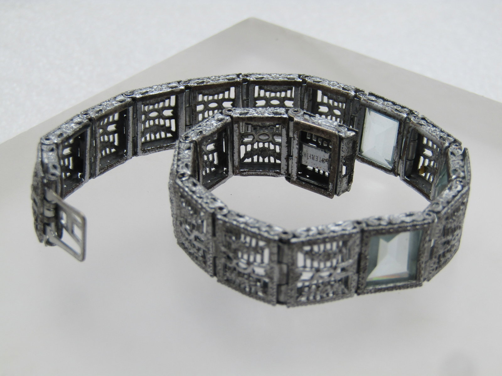 Vintage Sterling Art Deco Bracelet, 7" Blue Glass Stones, 1930'S - 5
