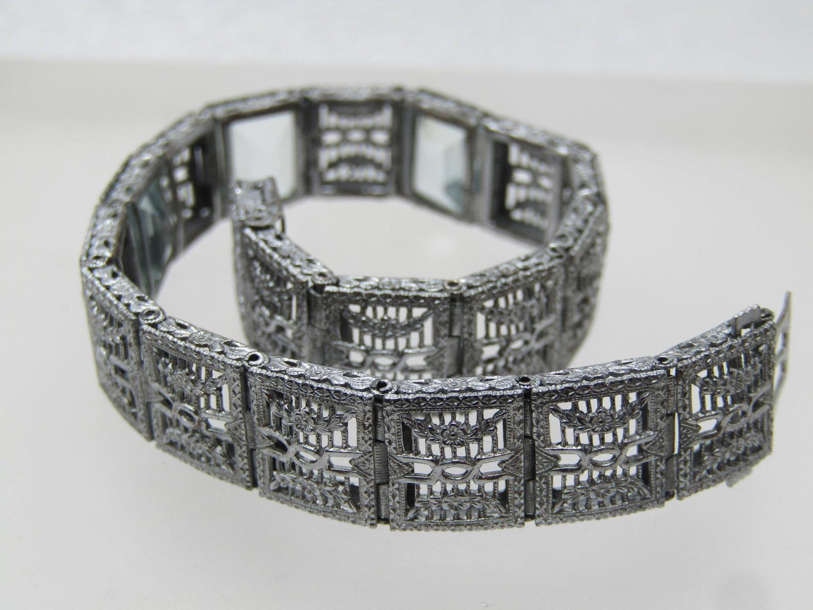 Vintage Sterling Art Deco Bracelet, 7" Blue Glass Stones, 1930'S - 6