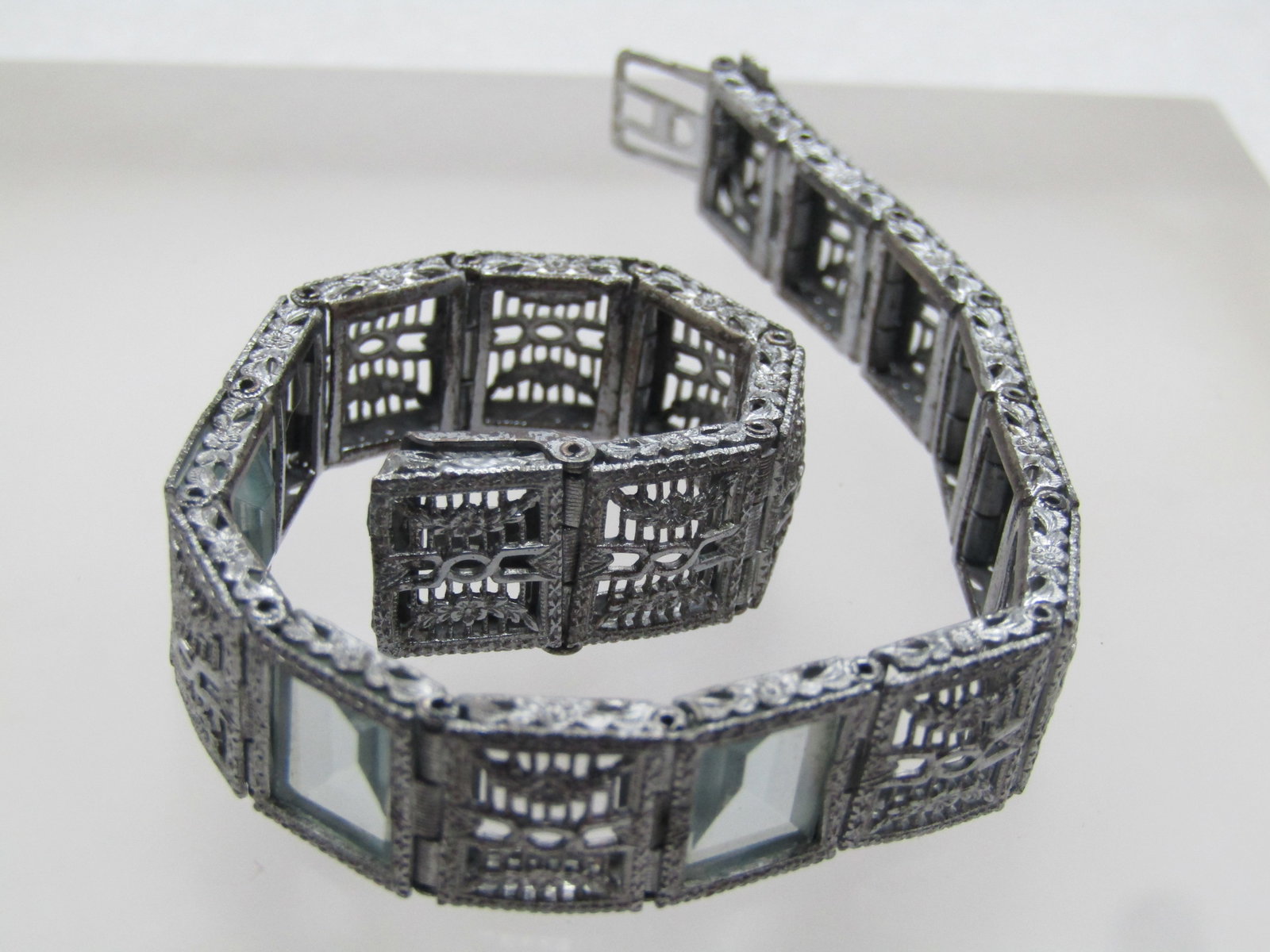 Vintage Sterling Art Deco Bracelet, 7" Blue Glass Stones, 1930'S - 7